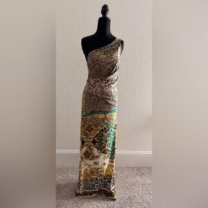 Elegant Leopard Print One-Shoulder Maxi Dress|  Draped Silhouette